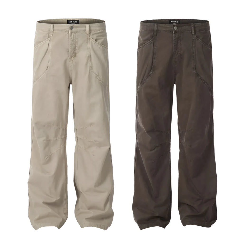 Men's brown straight-leg cotton trousers with high waist and zipper fly closure