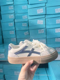 Brown and blue low-top women's casual lace-up shoes with round toe and patent leather finish.