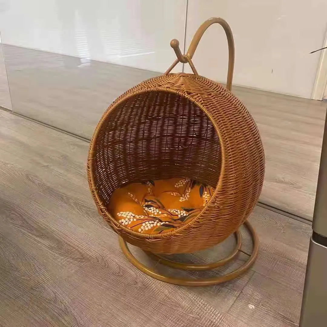 Beige rattan hanging cat basket with orange mat, ball diameter 42 cm, for large cats up to 16 kg