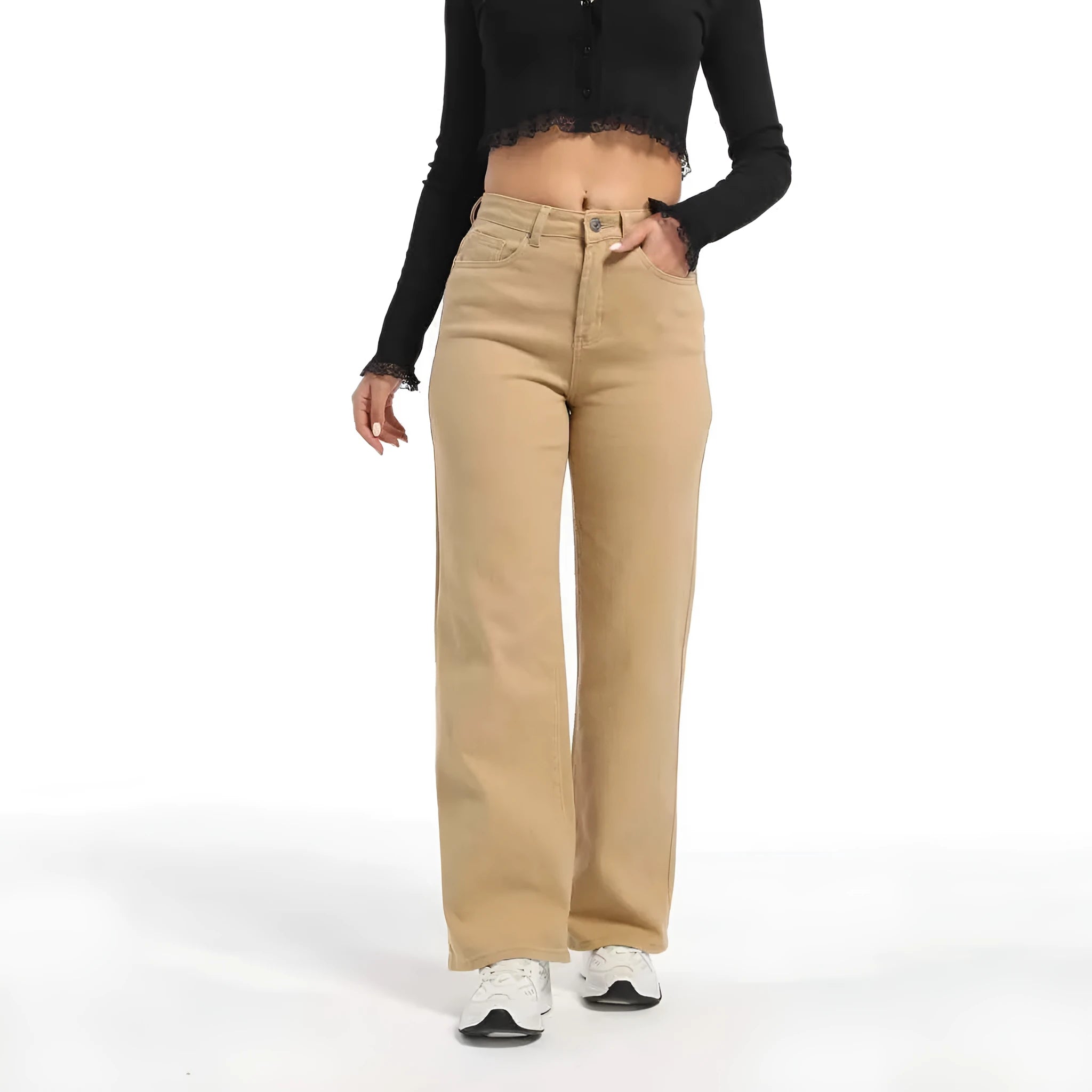 Women's high waist wide leg straight jeans in apricot colour with elastic cotton fabric