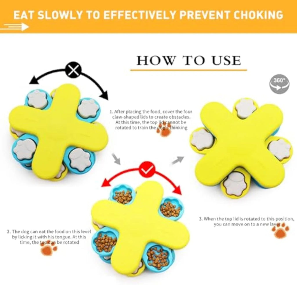 Yellow interactive dog puzzle feeder toy with rotating lids on a non-slip base