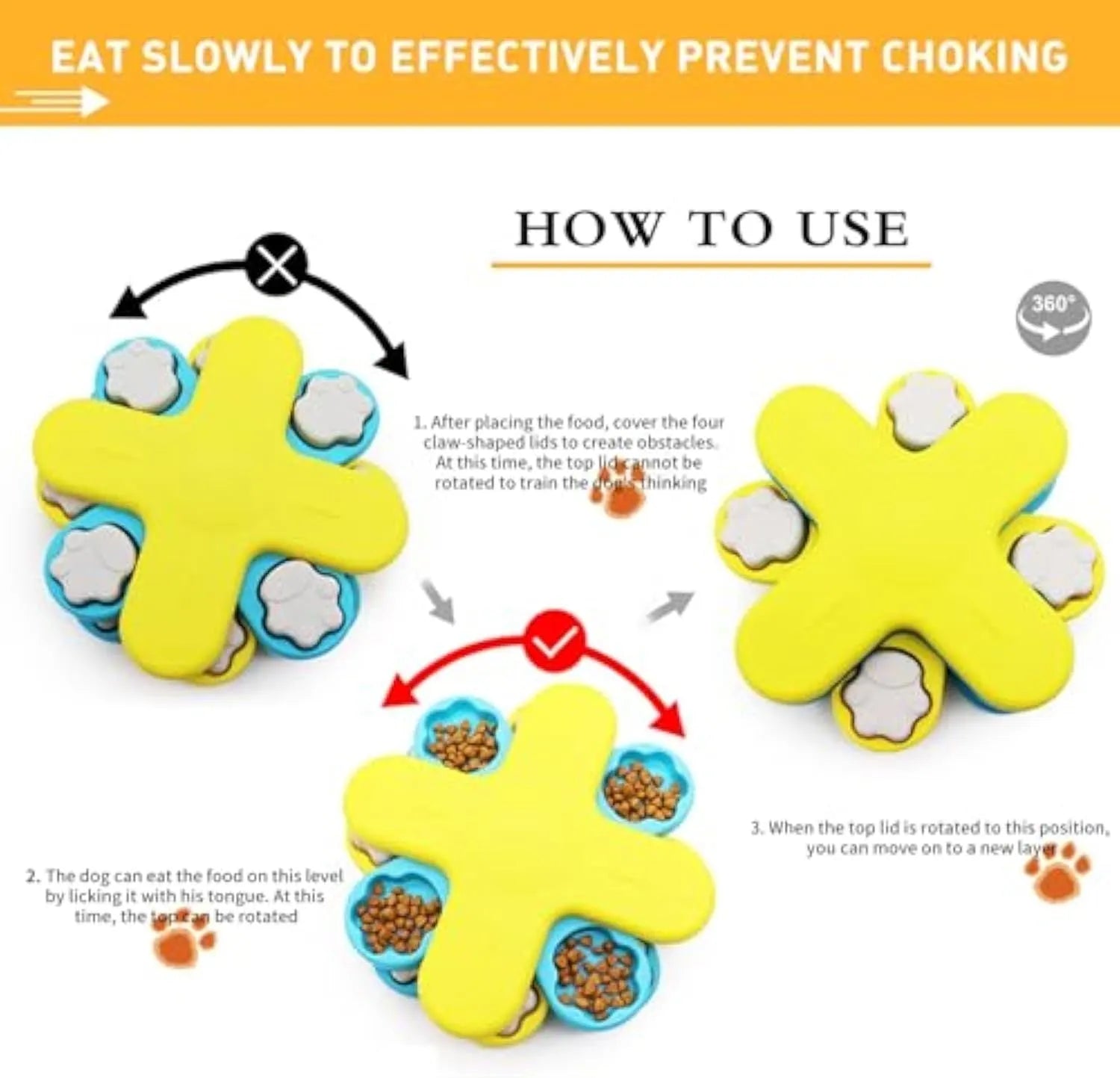 Yellow interactive dog puzzle feeder toy with rotating lids on a non-slip base