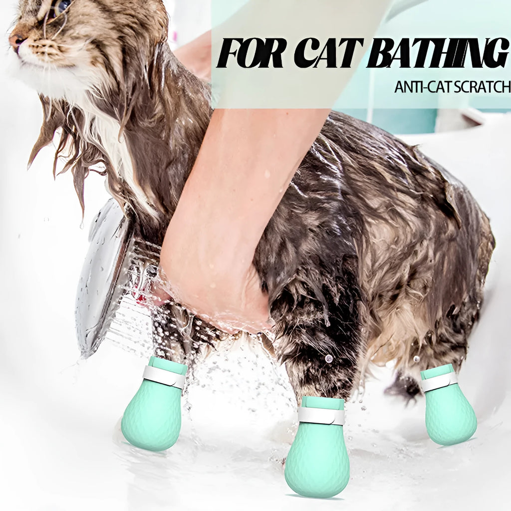 Four bright green silicone cat scratch protection gloves for pet handling.