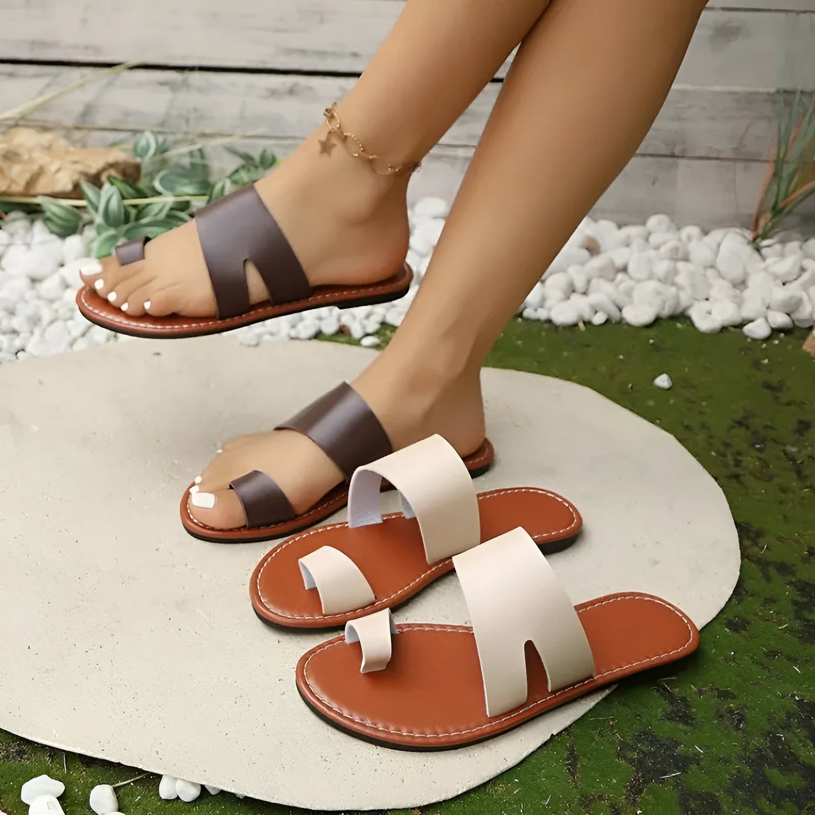 Women's round toe lightweight flat bottom slippers in beige colour with TPR sole and PU upper, size 36-43