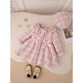 Pink plaid lace collar bow dress for baby girls, regenerated cellulose fibre fabric, suitable height 12-18 months