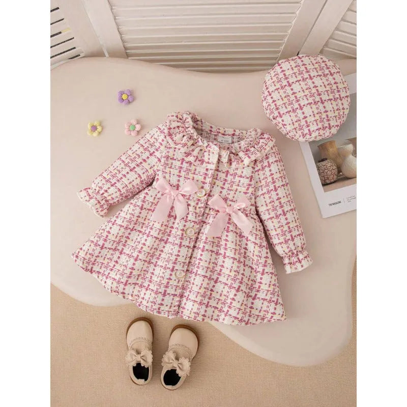 Pink plaid lace collar bow dress for baby girls, regenerated cellulose fibre fabric, suitable height 12-18 months