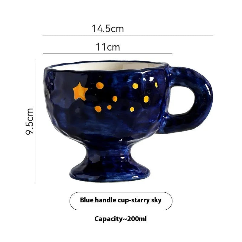 Hand-pinched irregular ceramic mug in a solid colour, shown from the side.