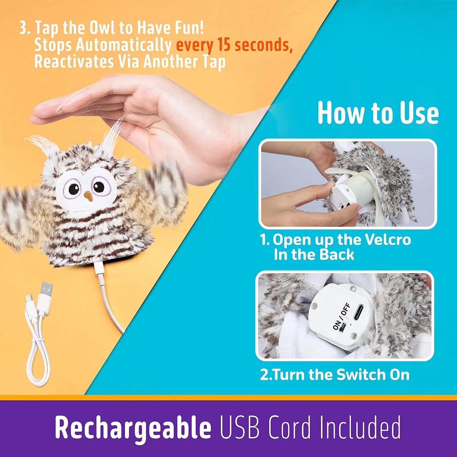 Grey automatic chirping owl cat toy with beating wings and electronic components