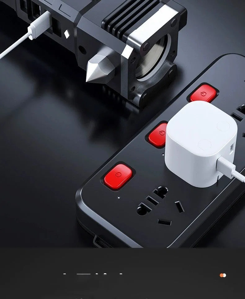 Silver portable LED torch with integrated power bank, showing USB port and IP44 rating.