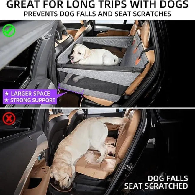 Grey water resistant raised dog bed measuring 56 by 56 by 40 centimetres.