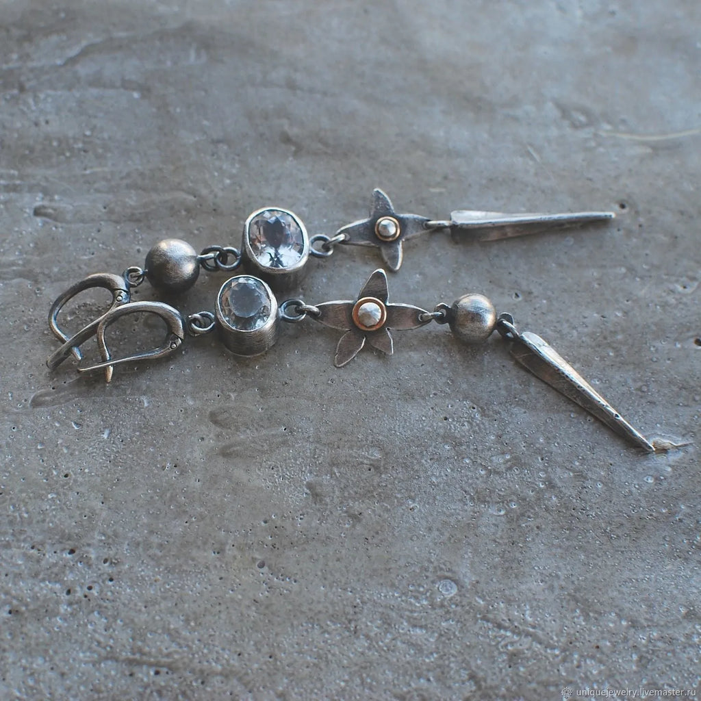 Geometric antique silver earrings with long rhinestone XINGX pendant drop design