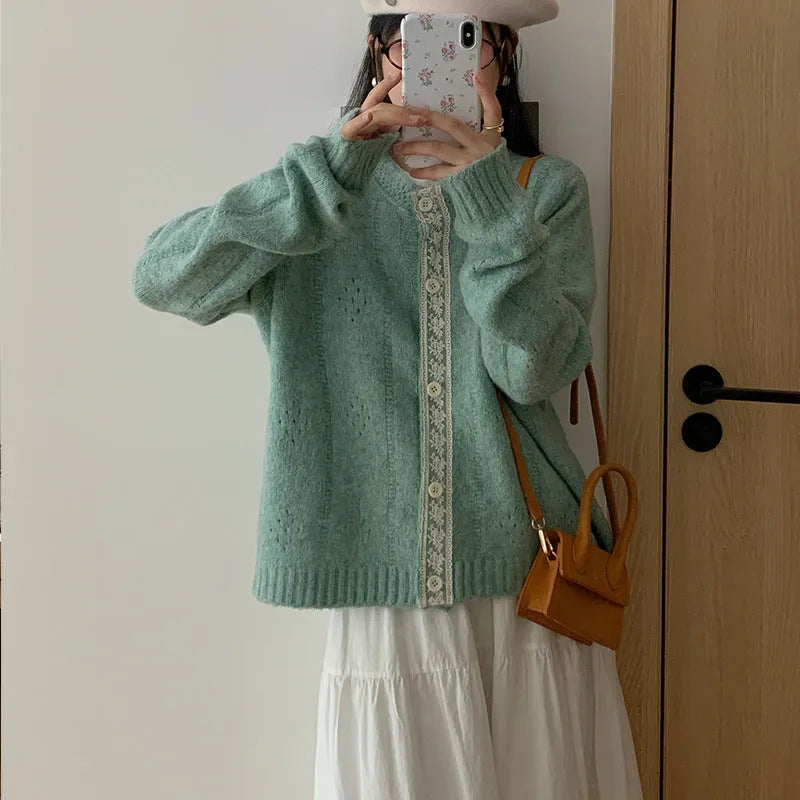 Korean-style loose knit cardigan coat in artistic retro design, shown in apricot colour