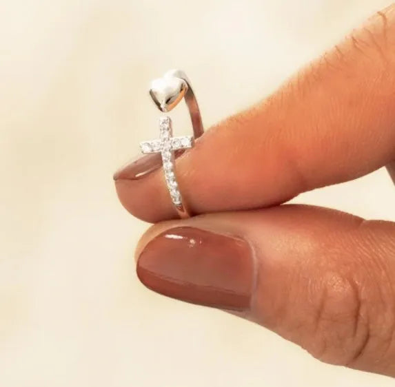 S925 sterling silver love cross women's open ring in white gold and rose gold on white background