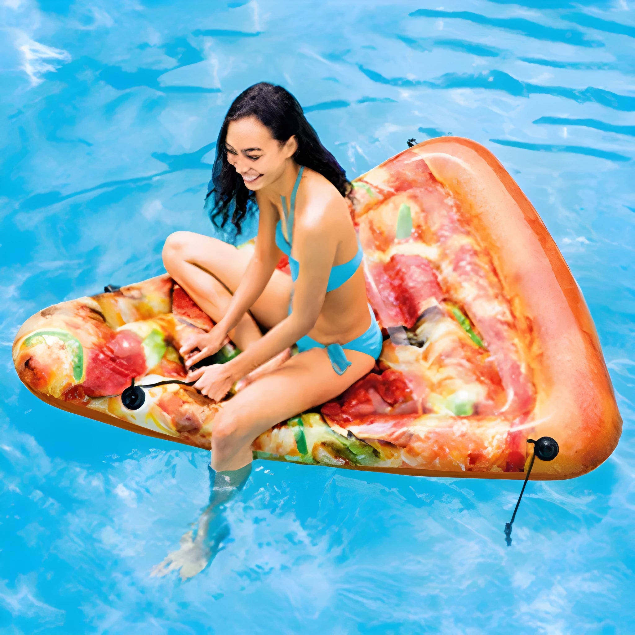 Pizza slice shaped inflatable surfboard recliner floating on water with colourful graphic design