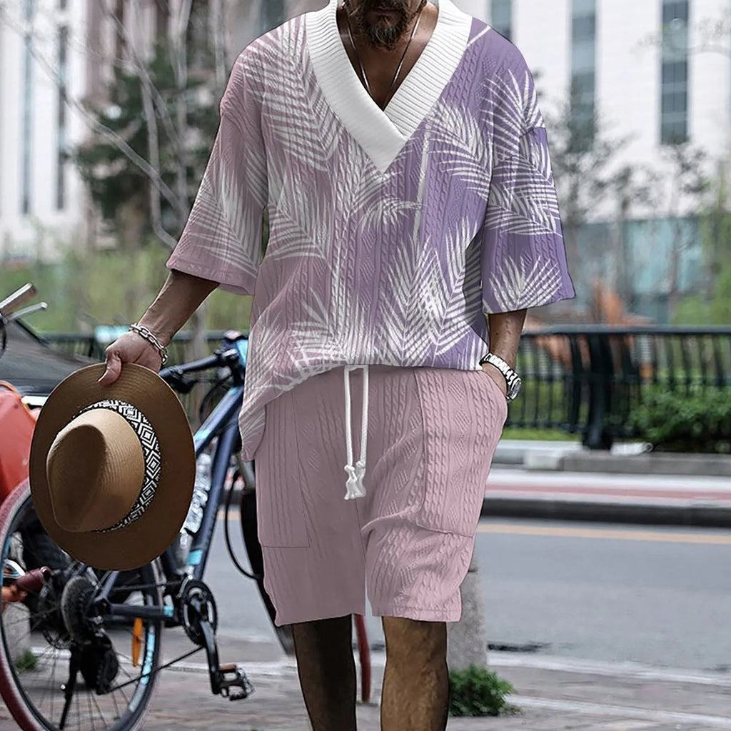 Men's knitted shorts suit with drop-shoulder short-sleeved top and matching shorts in printed design