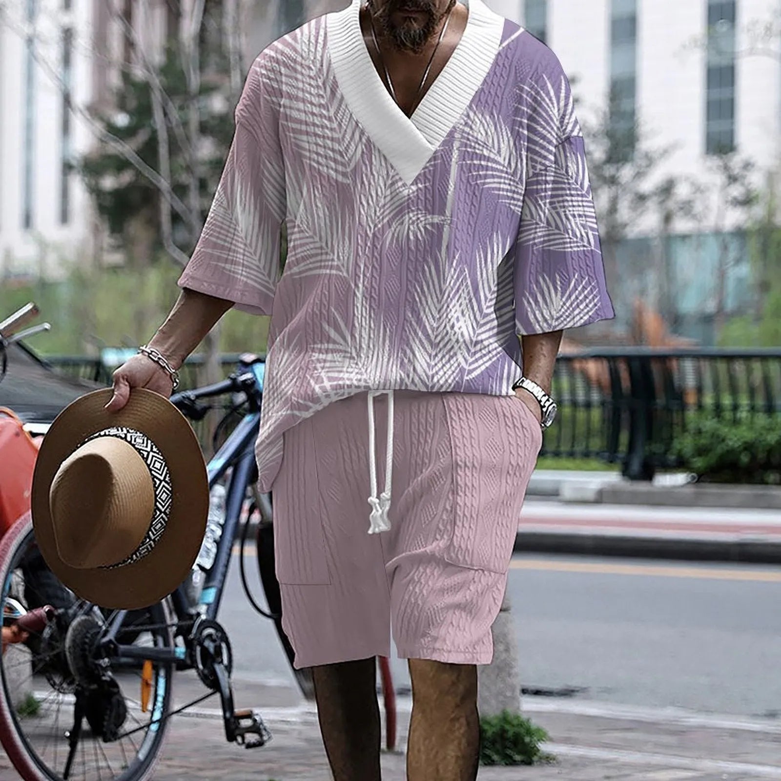 Men's knitted shorts suit with drop-shoulder short-sleeved top and matching shorts in printed design