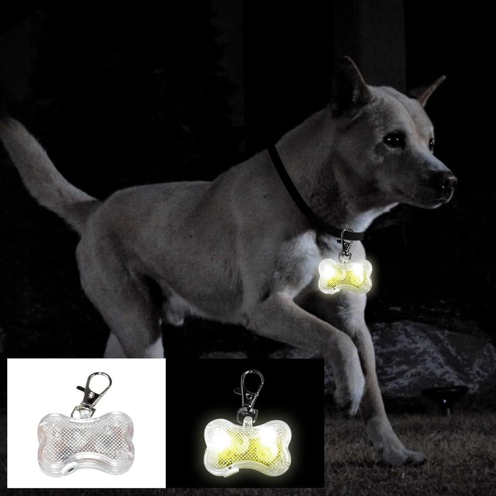 Blue LED luminous bone-shaped pendant for pet collars showing three light mode settings.