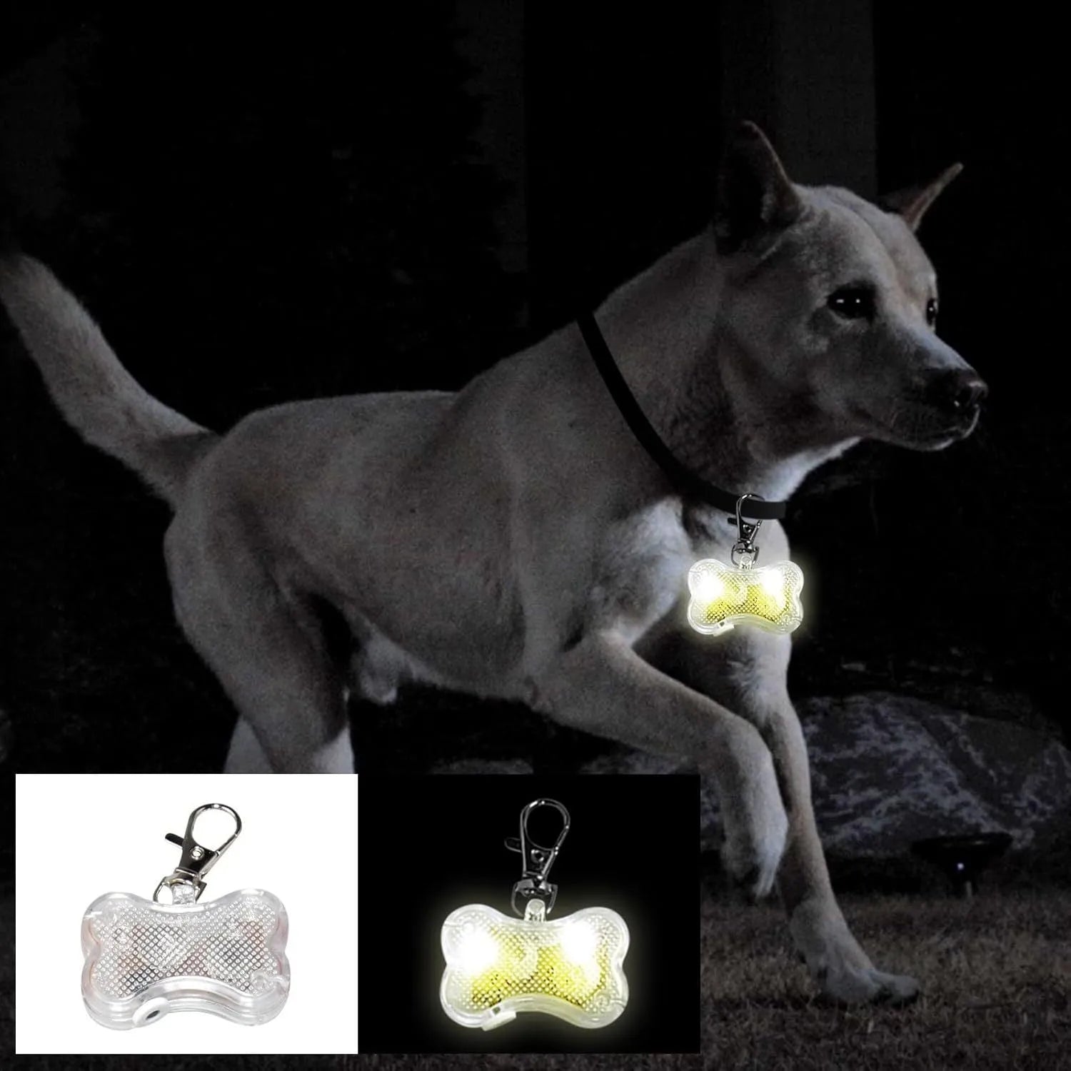 Blue LED luminous bone-shaped pendant for pet collars showing three light mode settings.