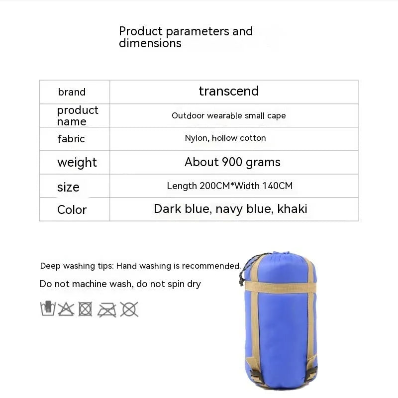 Outdoor cloak sleeping bag shown as wearable cape and as traditional sleeping bag