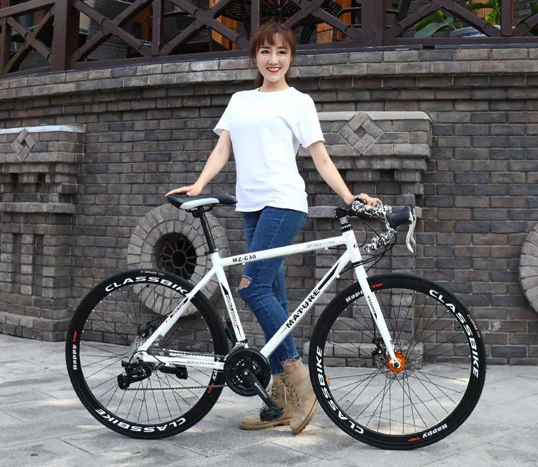 Aluminium alloy road bike 21 speed with double disc brakes in titanium silver