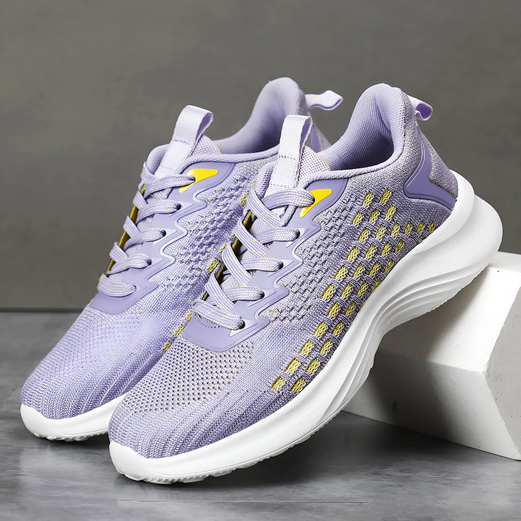 Women's lavender purple Flyknit running shoes with mesh lining and EVA sole for jogging