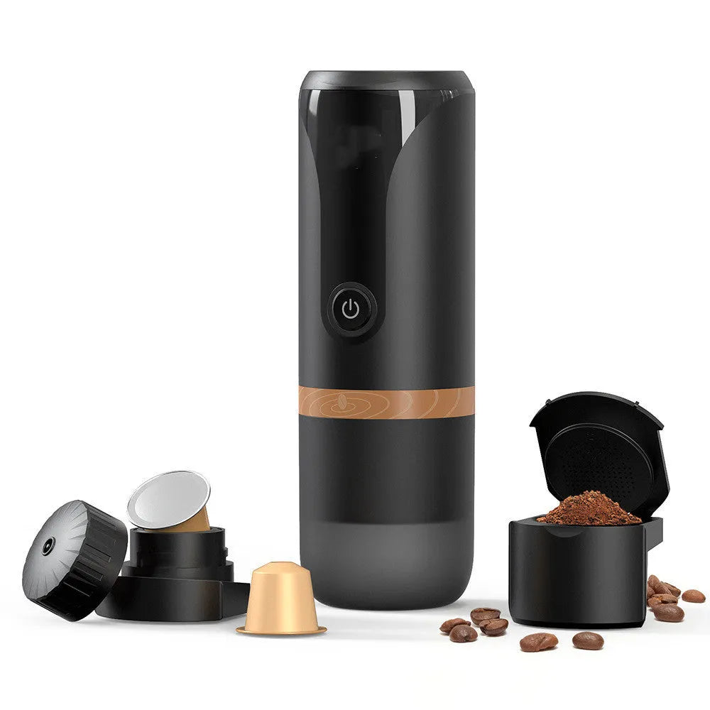 Portable camping coffee maker with plastic body, 75mm x 228mm, showing double mode for ground coffee and capsule holders