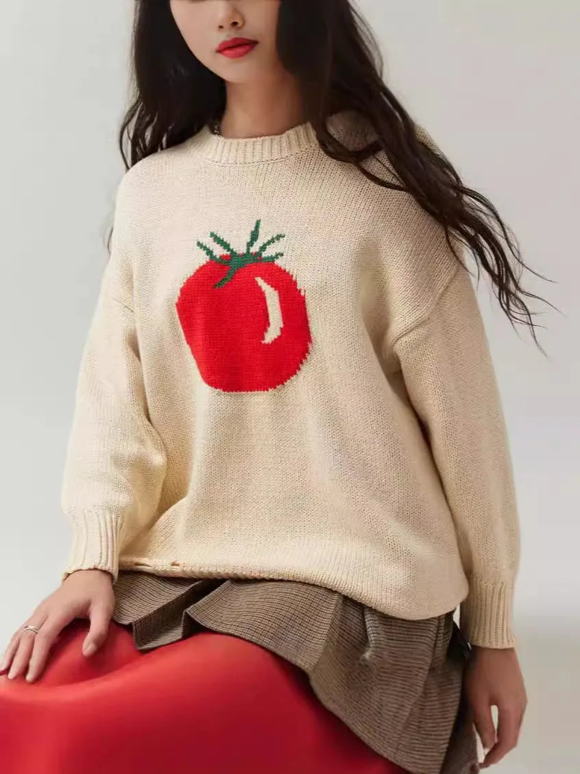 Women's milky white acrylic round neck sweater with loose fit and Jacquard detailing