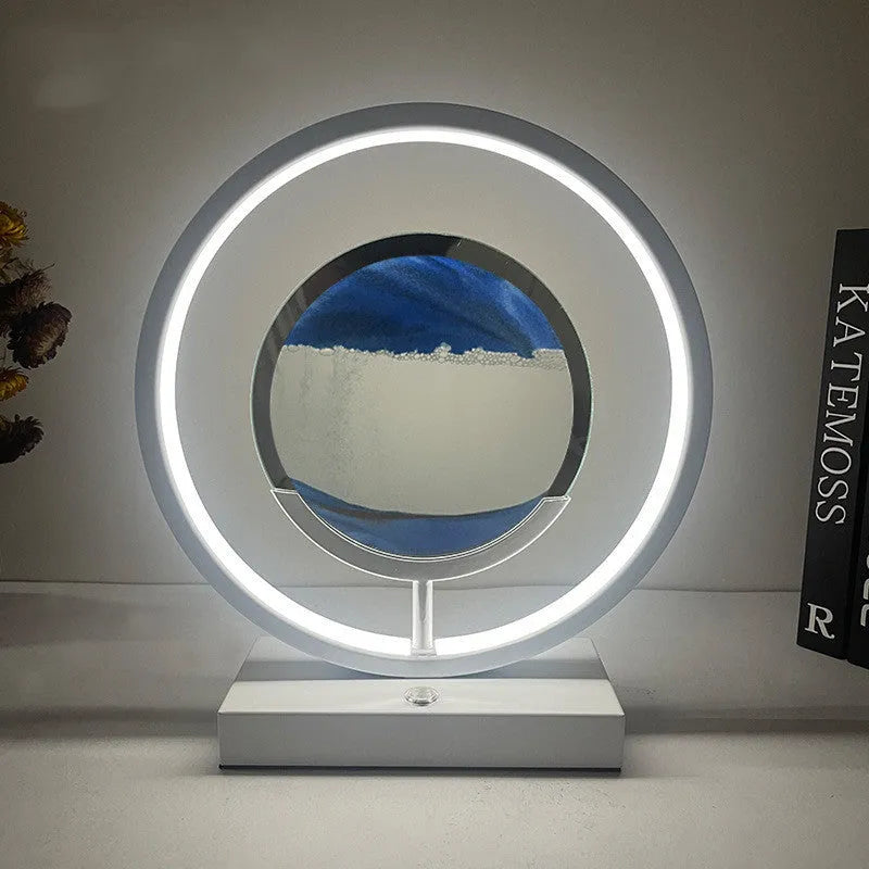 Modern acrylic and metal LED quicksand table lamp with three colour dimming for living room