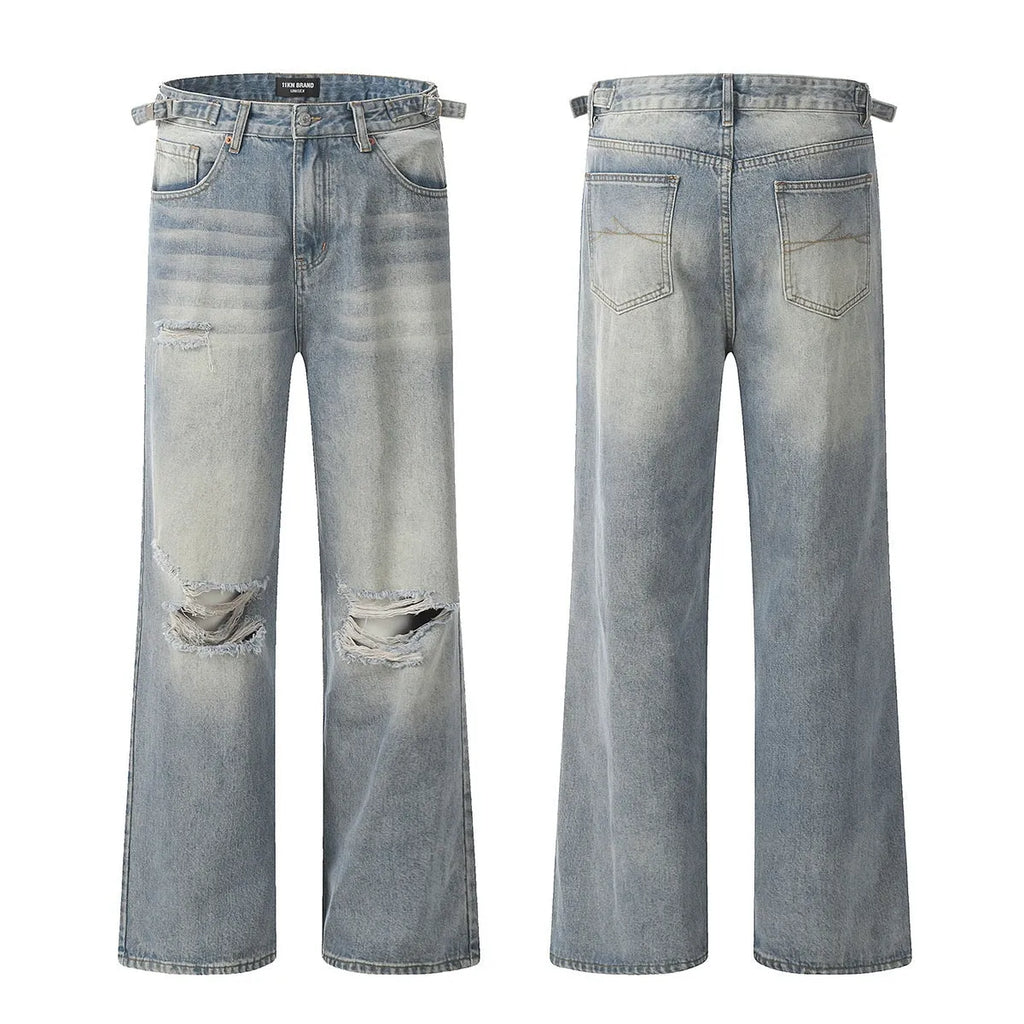 Blue men's straight-leg jeans with a distressed retro finish and a zipper fly.
