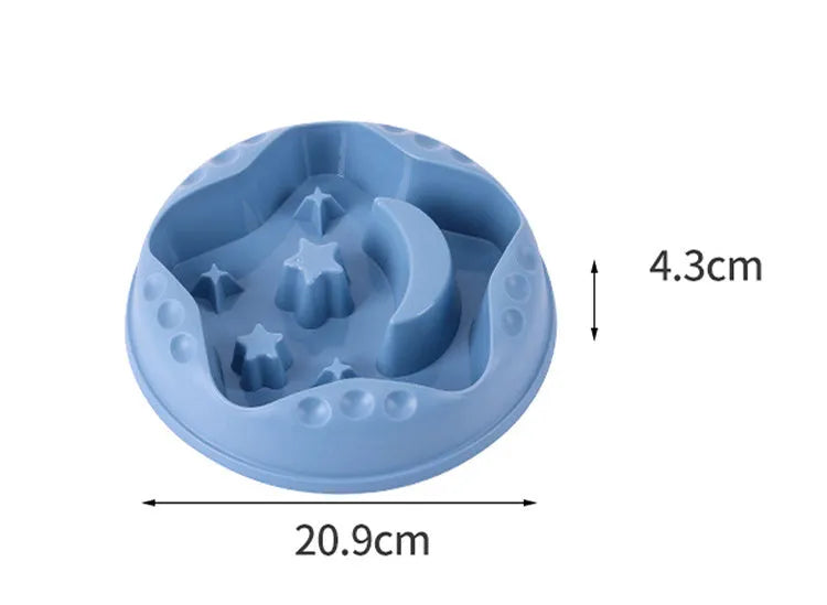 Large blue slow feeder dog bowl with raised moon and star wing patterns and a non-slip rubber base.