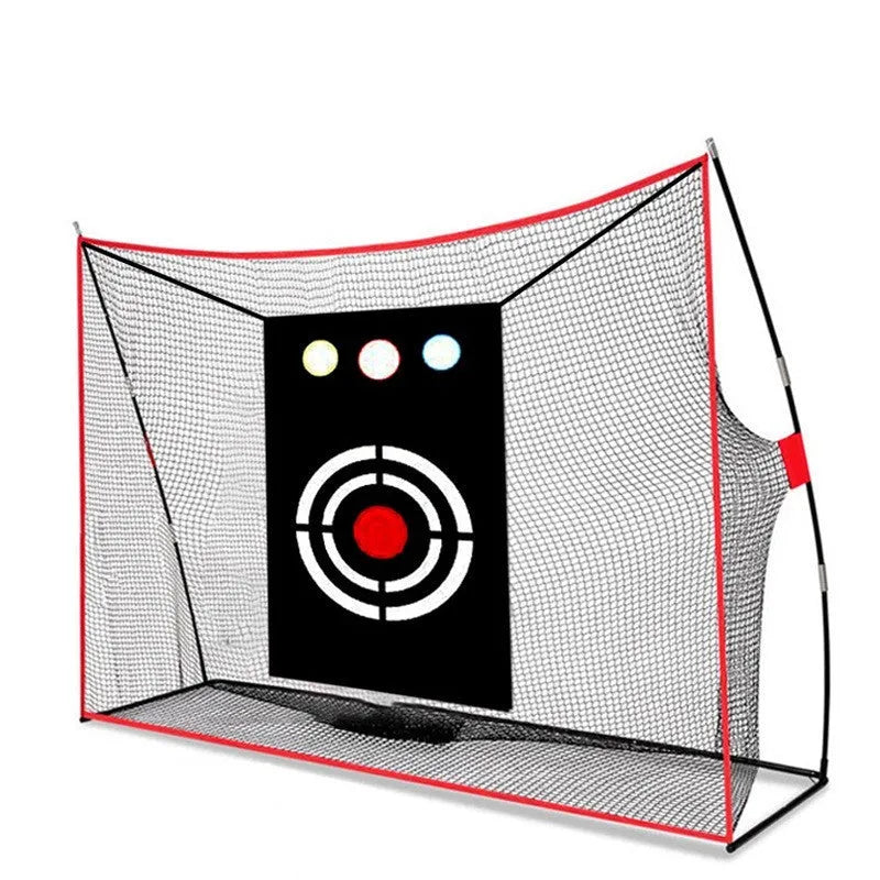 Golf swing wedge training net with 3-hole cross design and straw mat on grass