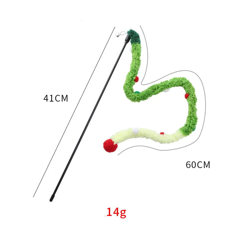 Interactive cat wand toy with colourful plush strip and bell attachment for indoor play