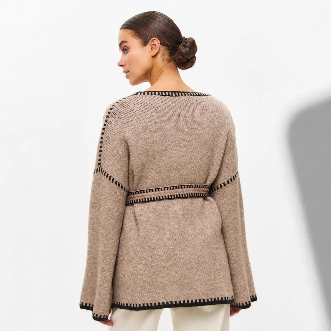 Loose mid-length knitted cardigan in imitation cashmere fabric with lace-up front