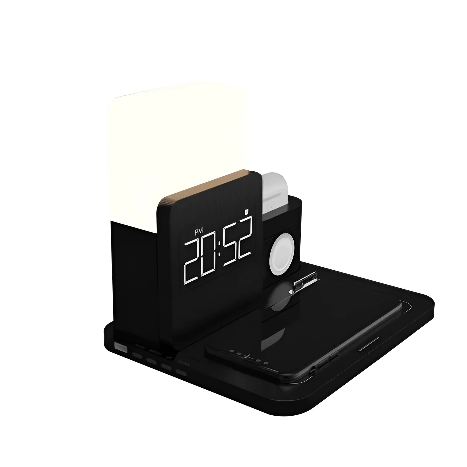 Dark green Qi wireless charger stand with foldable phone cradle showing 3-in-1 multifunction design