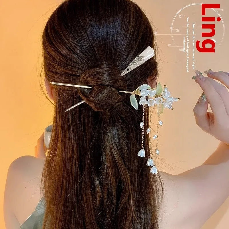 Chinese style ebony hairpin with electroplated alloy and floral ancient design