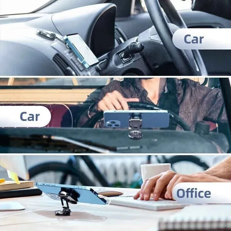 Chrome foldable magnetic car phone holder mounted on a dashboard, showing extended and retracted positions.