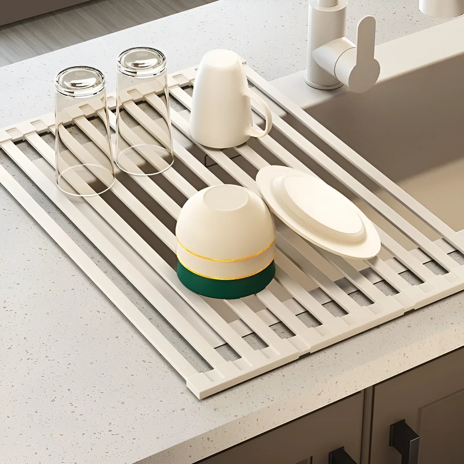 Foldable milky white stainless steel kitchen draining rack shown open and closed, with size options from 32cm to 55cm wide.