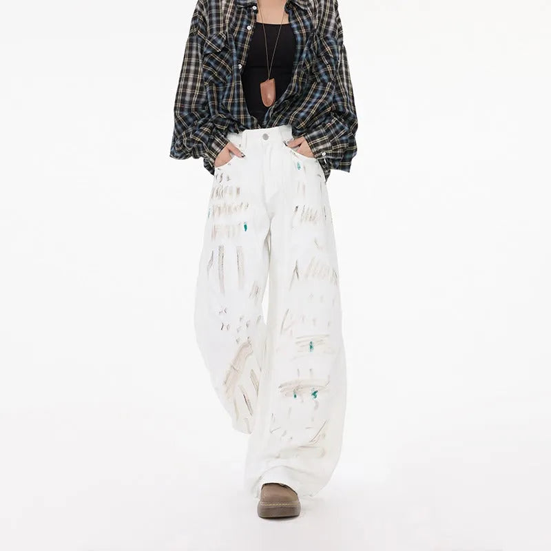 White dirty graffiti machete jeans for women straight leg mid-rise non-stretch denim cotton