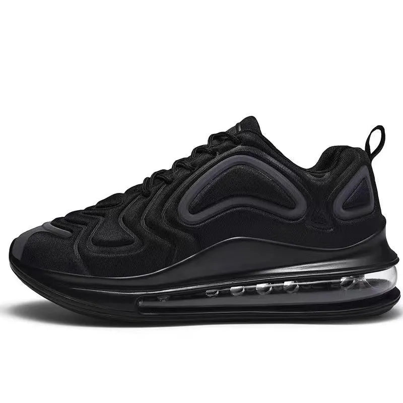 Men's black lace-up sneakers with thick sole and round toe on a white background