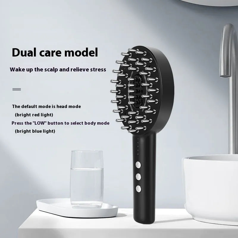 Black handheld scalp massage device with vibration settings and charging cable