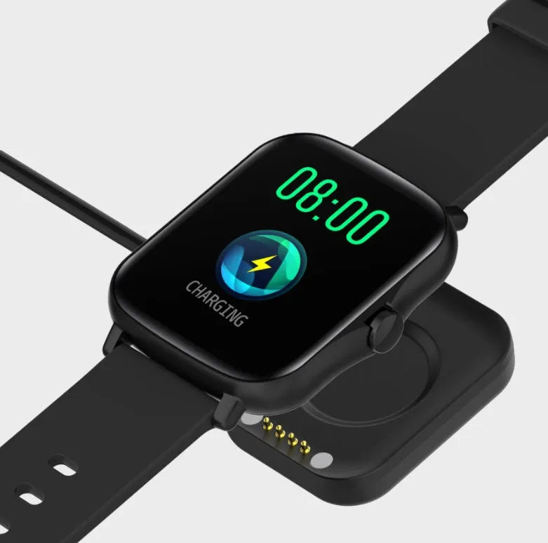 Blue smart sports watch with 1.7-inch touch screen on adjustable strap showing fitness tracking display