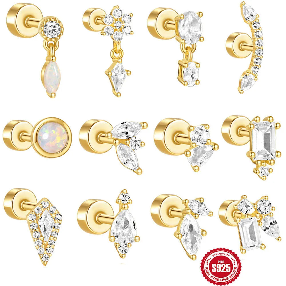 A pair of S925 sterling silver flat column thread ear bone studs in a gold electroplated finish.