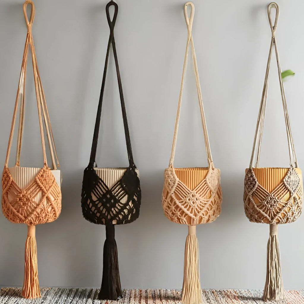 Hand-woven brown polyester cotton flower pot with net pocket cord holding a green plant.