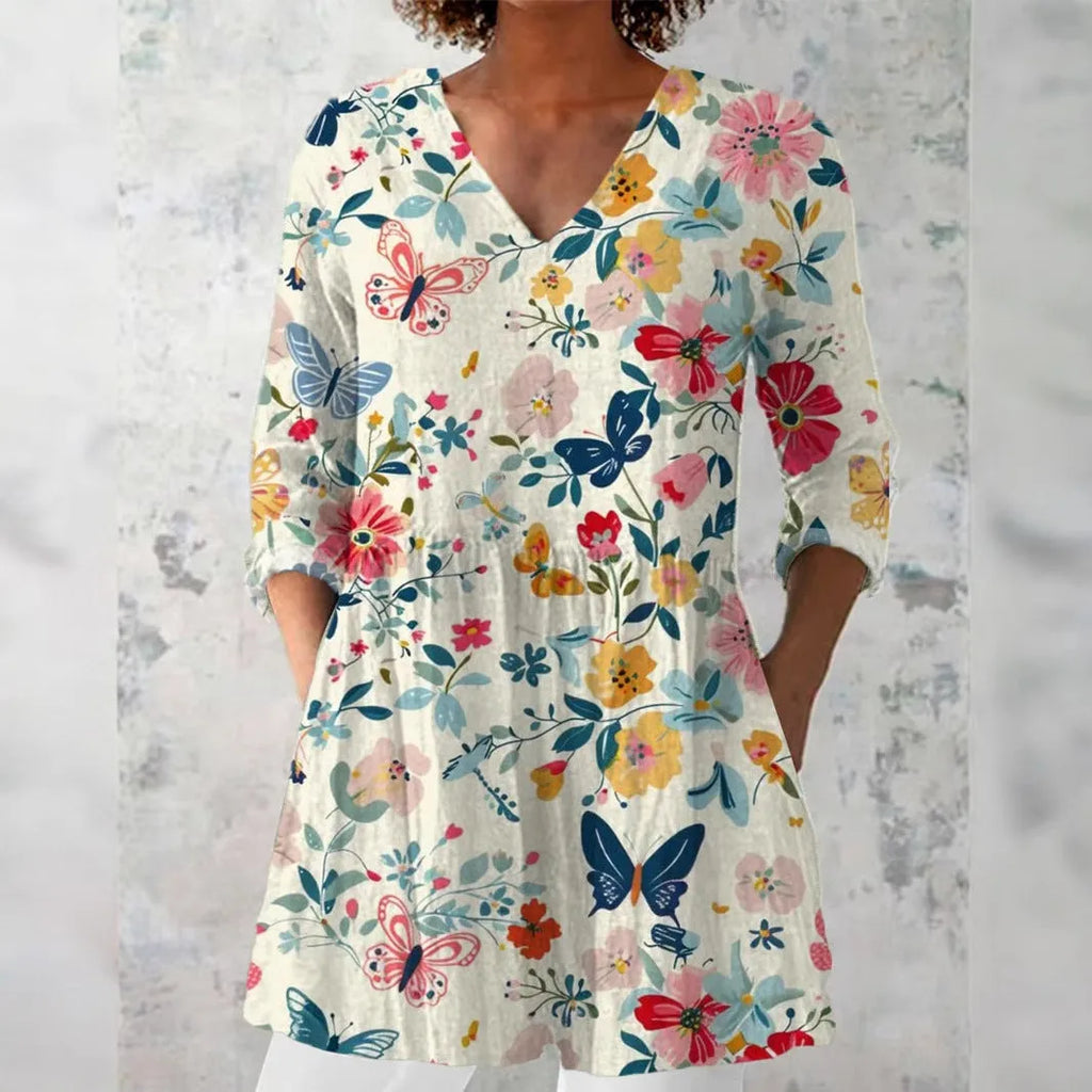 Women's long-sleeved polyester top in retro slim fit with digital print design.