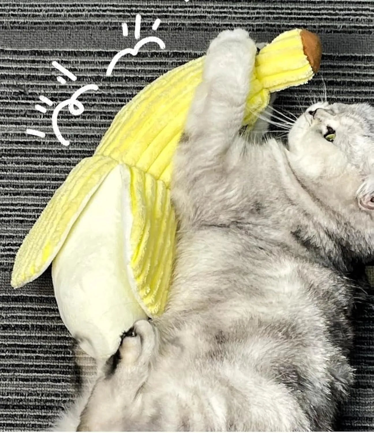 Yellow banana-shaped cat crinkle toy with catnip filling measuring 13 inches long