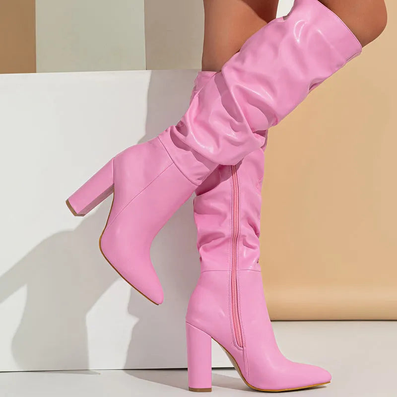 Women's pointed toe ankle boots with side zip and 8CM+ high heel in white or pink artificial PU