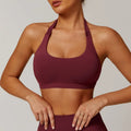 Women's halter neck yoga sports bra with medium support in five colour options