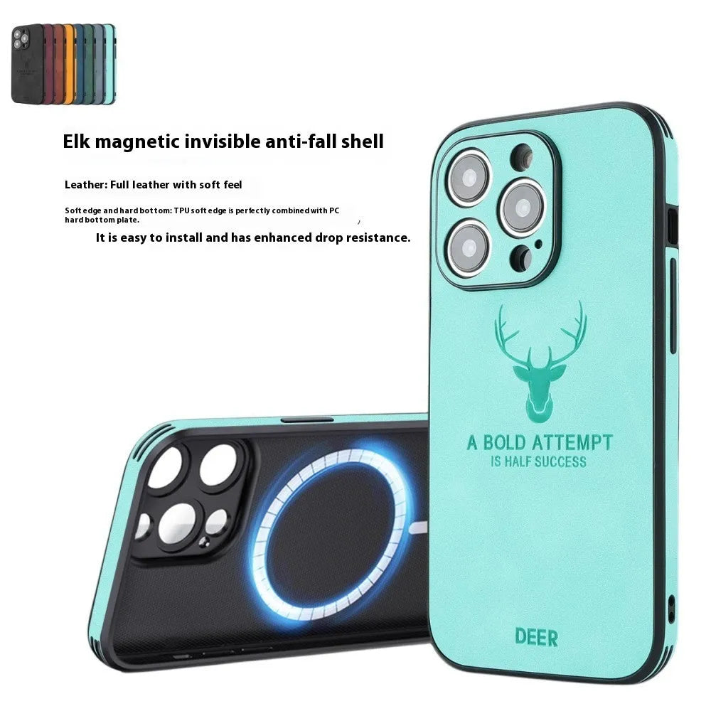 iPhone 16 magnetic case with embossed moose head design in imitation leather, shown in dark blue colour.