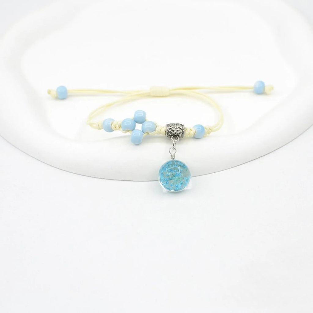 Glass dried flower bracelet with real preserved flowers and colourful 1.4cm beads in hand-woven design