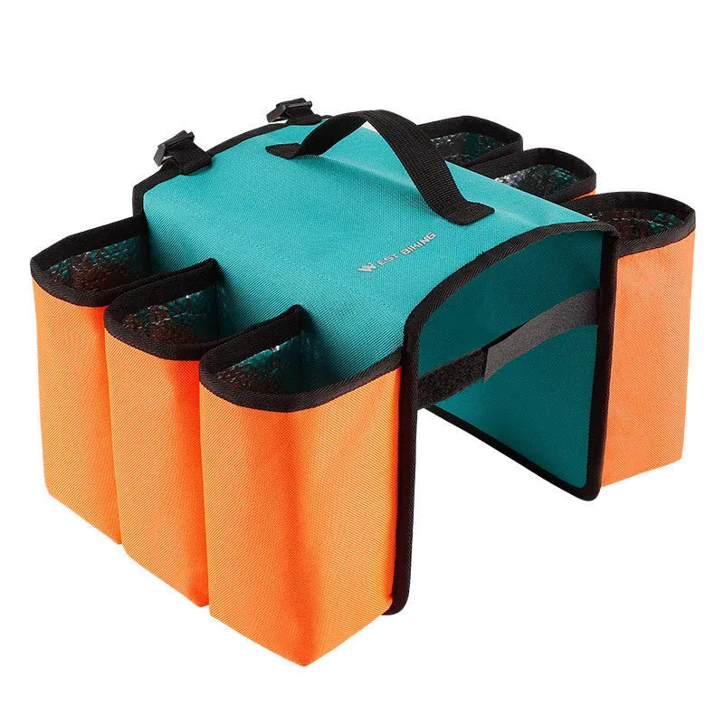 Black and orange bicycle double-sided drink shelf bag mounted on bike rack with 2 litre capacity